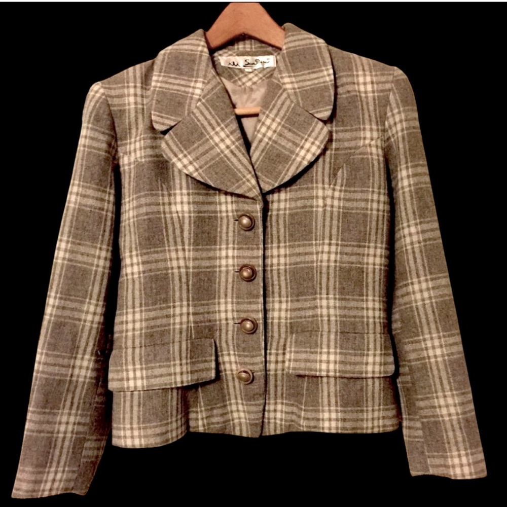 Vintage Sunrise Fitted Cropped Tan Beige & Cream Plaid Fitted Blazer Jacket Sz 7
